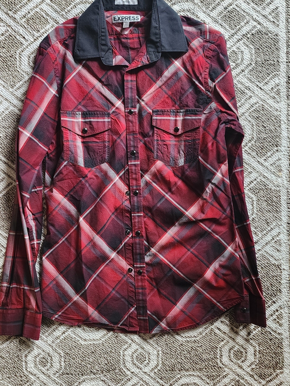 Express Red and Black Plaid Long-Sleeve Button-Down Shirt